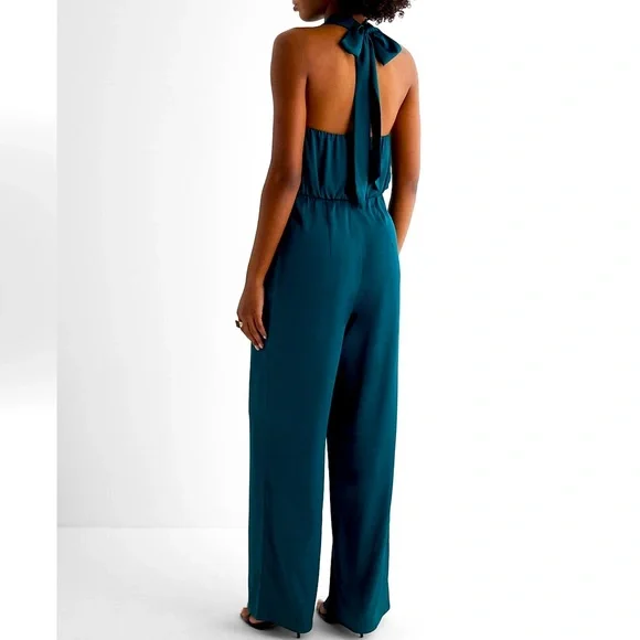 NWT Express XL Deep Teal Satin Tie Halter Cowl Neck Wide Leg Jumpsuit